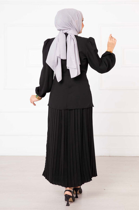 Traje de hijab doble con falda y detalle de lazo en color negro