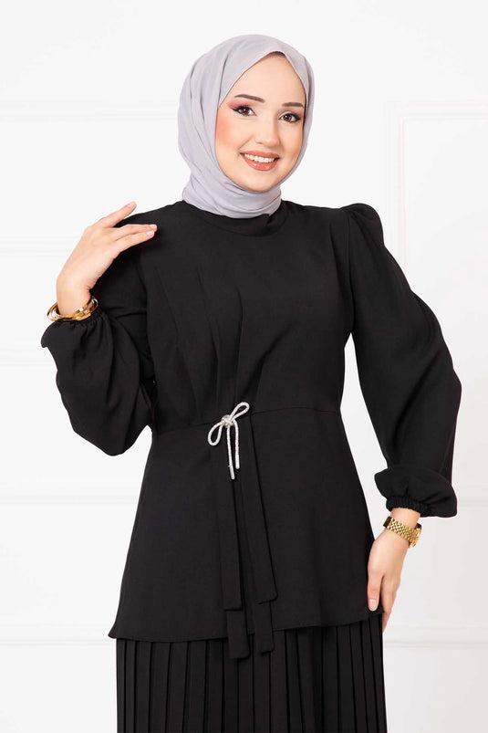 Traje de hijab doble con falda y detalle de lazo en color negro