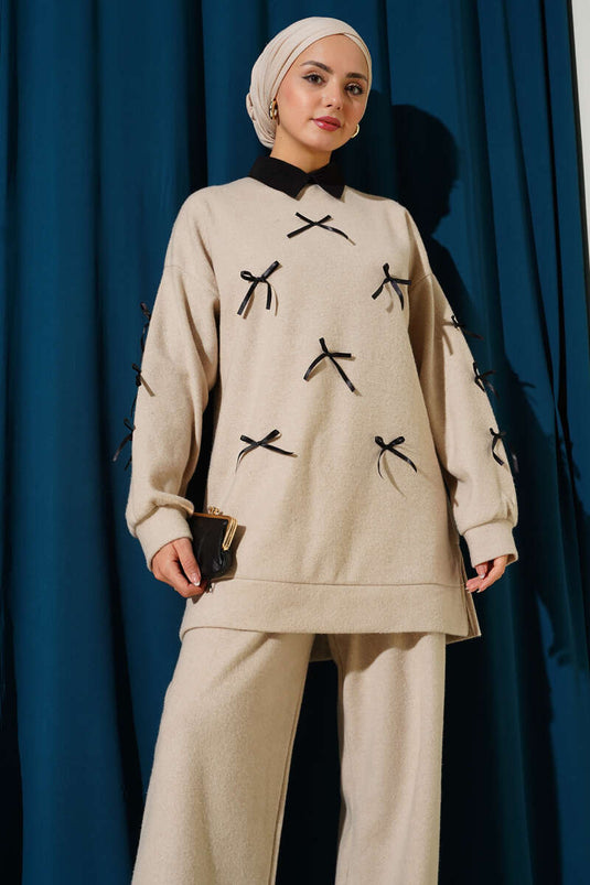 طقم من قطعتين مطبوع عليه فيونكة، لون بيج