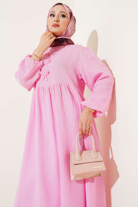 Pink Muslin Dress with Bow Detail