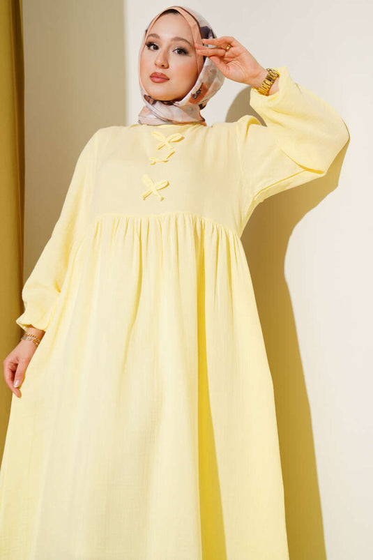 Yellow Muslin Dress with Bow Detail