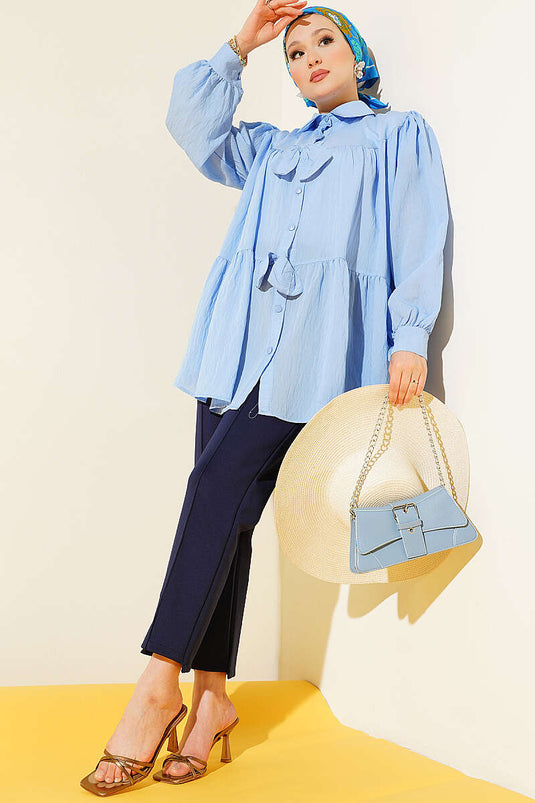 Camicia Oversize con Dettaglio Fiocco Blu