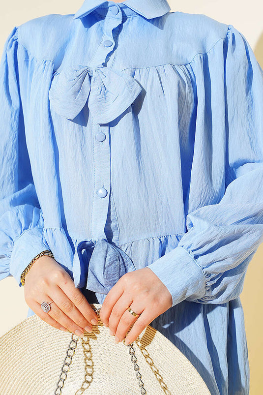 Camicia Oversize con Dettaglio Fiocco Blu