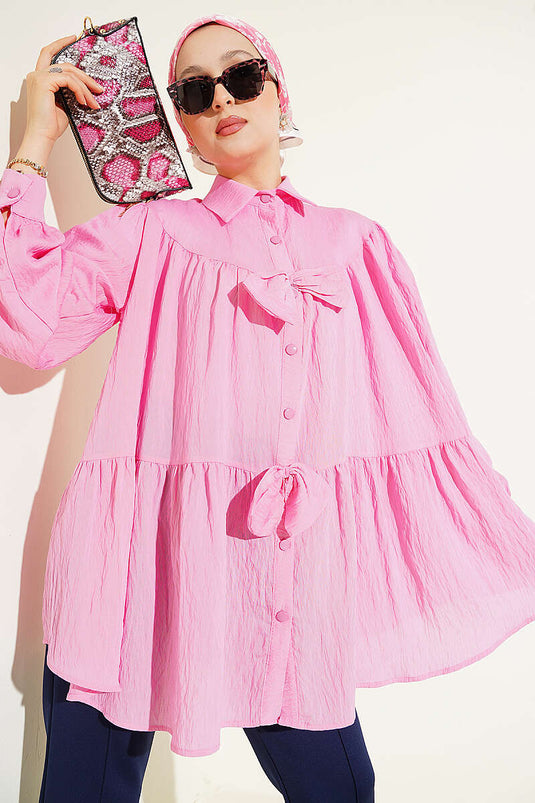 Fiyonk Detaylı Oversize Gömlek Pembe