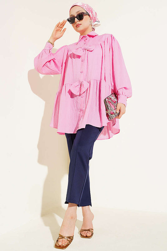 Fiyonk Detaylı Oversize Gömlek Pembe