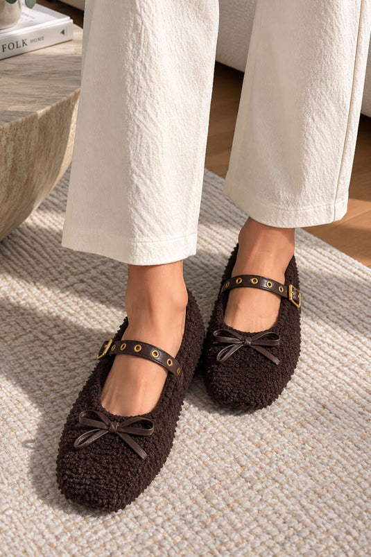 Fiyonk Detaylı Peluş Babet Kahve