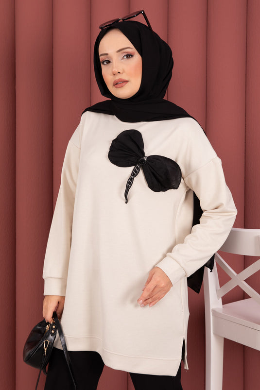 Fiyonk Detaylı Taş İşlemeli Oyşo Tesettür Tunik Bej