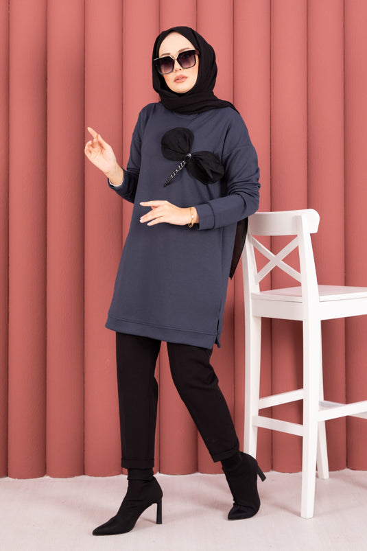 Fiyonk Detaylı Taş İşlemeli Oyşo Tesettür Tunik Füme