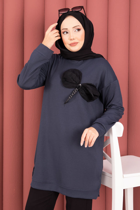 Tunique hijab Oyso ornée de pierres et d'un nœud papillon, couleur fumée