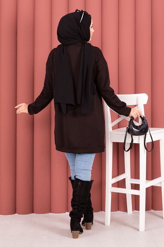 Fiyonk Detaylı Taş İşlemeli Oyşo Tesettür Tunik Kahve