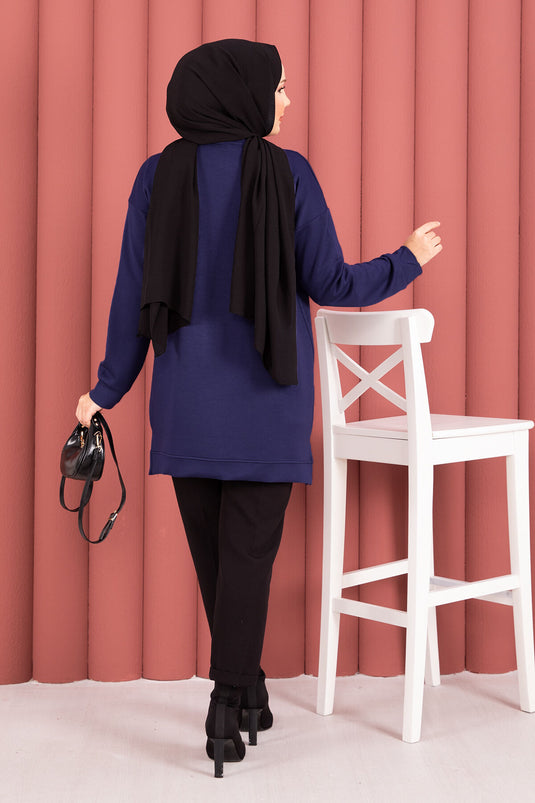 Fiyonk Detaylı Taş İşlemeli Oyşo Tesettür Tunik Lacivert