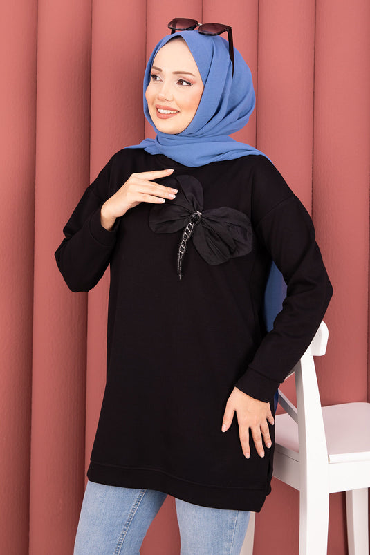 Fiyonk Detaylı Taş İşlemeli Oyşo Tesettür Tunik Siyah