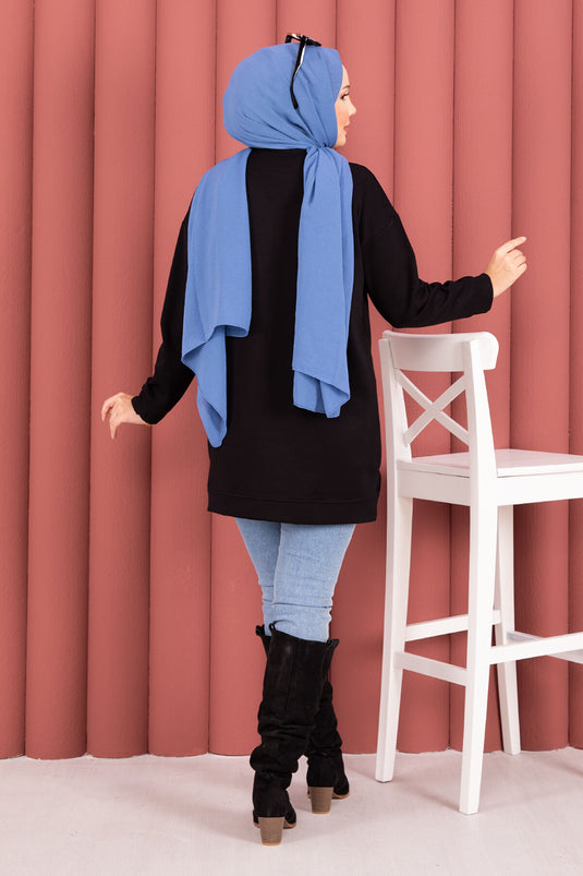 Fiyonk Detaylı Taş İşlemeli Oyşo Tesettür Tunik Siyah