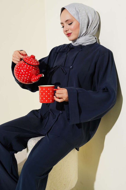 Ensemble double en tensel avec détail nœud papillon, bleu marine
