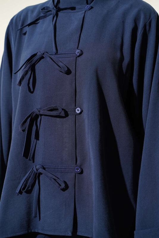 Ensemble double en tensel avec détail nœud papillon, bleu marine