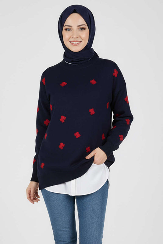 Bow Embroidered Knitted Sweater Navy Blue