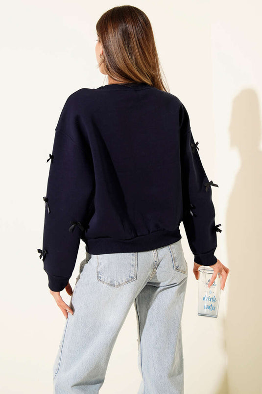 Three-Thread Sweatshirt with Bow Ribbon, Navy Blue