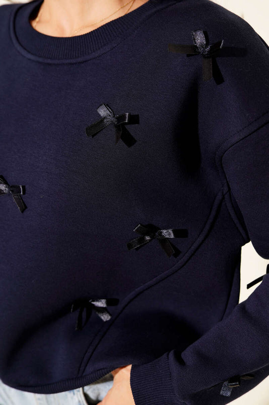Three-Thread Sweatshirt with Bow Ribbon, Navy Blue