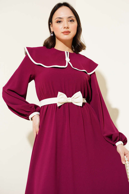 Robe col bébé avec ceinture et nœud Bordeaux