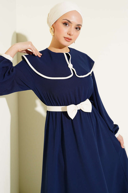 Robe à col et ceinture à nœud pour bébé fille bleu marine