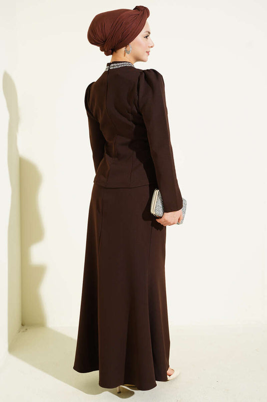 Bow Stone Embellished Skirt Two-Piece Set Brown