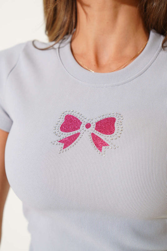 Ribbed Blouse with Bow and Rhinestones, Grey