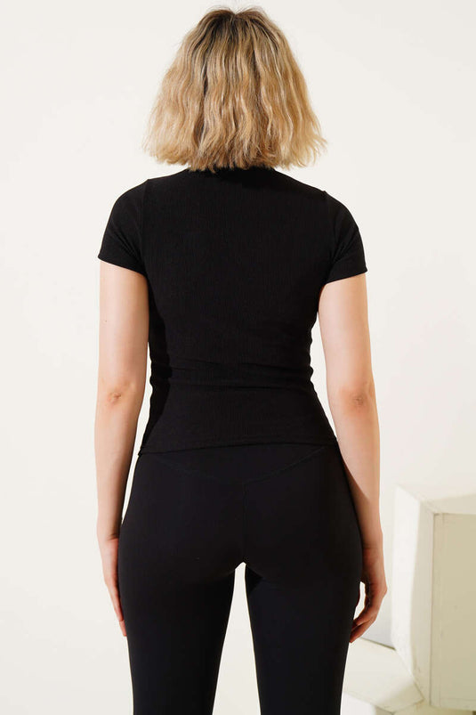 Bow Stone Ribbed Blouse Black