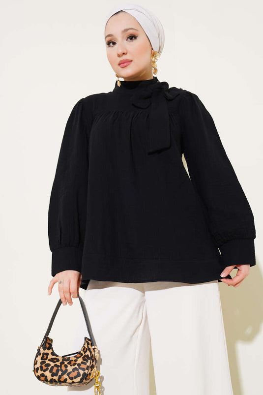 Bow Collar Muslin Tunic Black