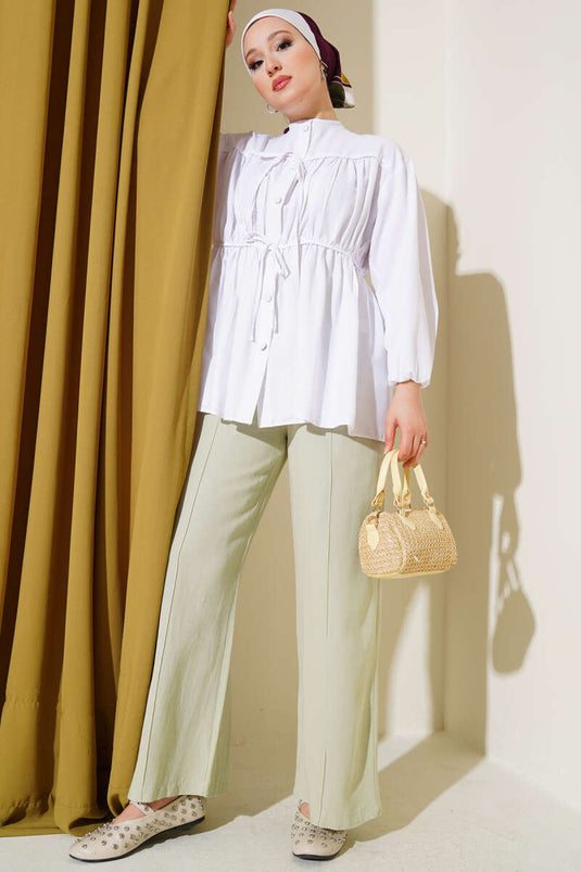Fiyonklu Büzgülü Blouse Wit