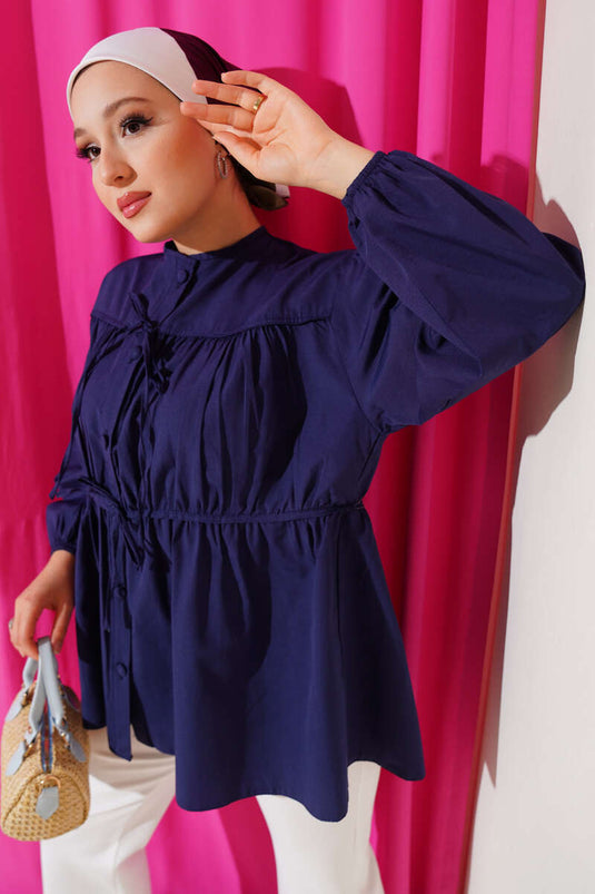 Bow-Tie Pleated Shirt Navy Blue