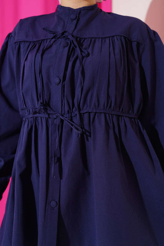 Bow-Tie Pleated Shirt Navy Blue