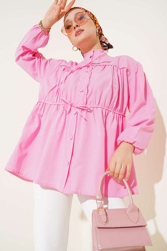 Bluse mit Schleife und Raffungen in Rosa