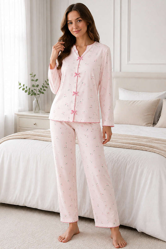Blumiges Pyjama-Set Mit Schleife - Verschiedene 4 Stücke