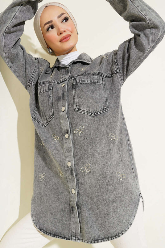 Bow-Embellished Stone Denim Jacket Charcoal