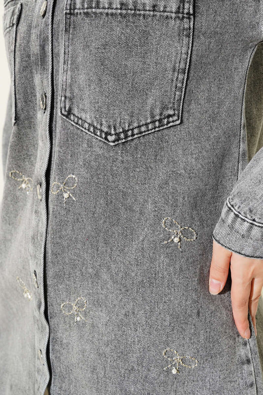 Bow-Embellished Stone Denim Jacket Charcoal