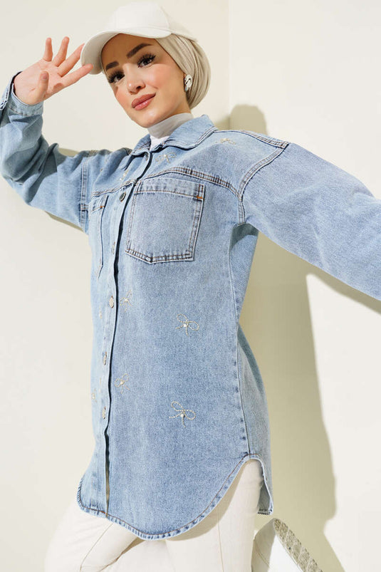 Bow-Embellished Stone Denim Jacket Denim Blue