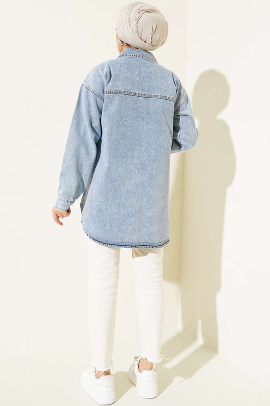 Bow-Embellished Stone Denim Jacket Denim Blue