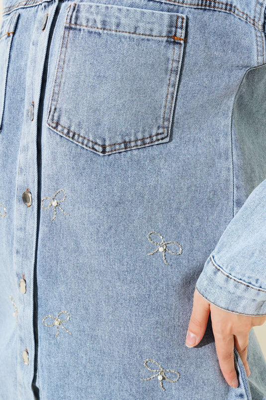 Bow-Embellished Stone Denim Jacket Denim Blue