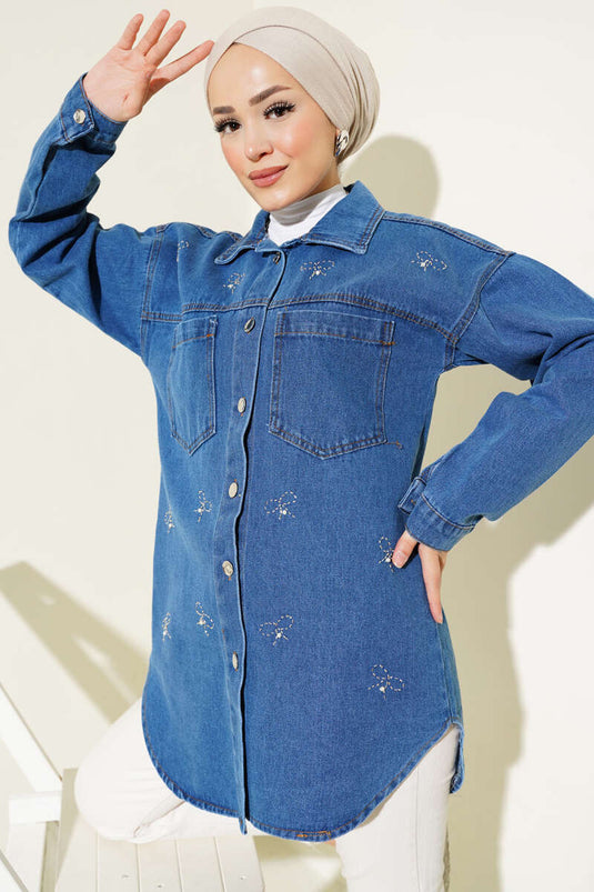 Bow-Embellished Stone Denim Jacket Blue