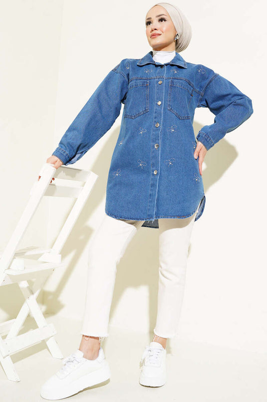 Bow-Embellished Stone Denim Jacket Blue