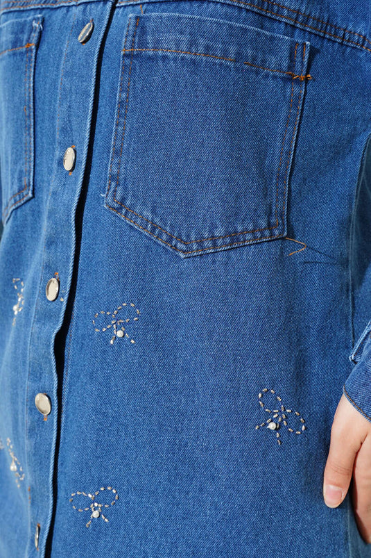 Bow-Embellished Stone Denim Jacket Blue