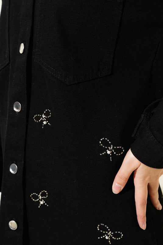 Bow-Embellished Stone Denim Jacket Black