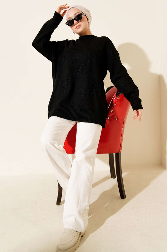 Soft Knit Tunic with Bow Black