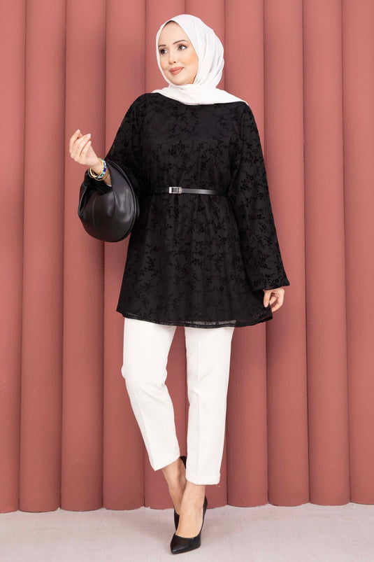 Tunique ceinturée à manches ballon imprimée flock noire