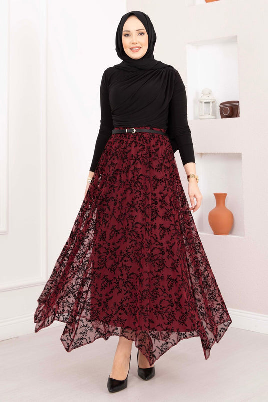 Velvet Printed Asymmetric Cut Tulle Skirt Burgundy