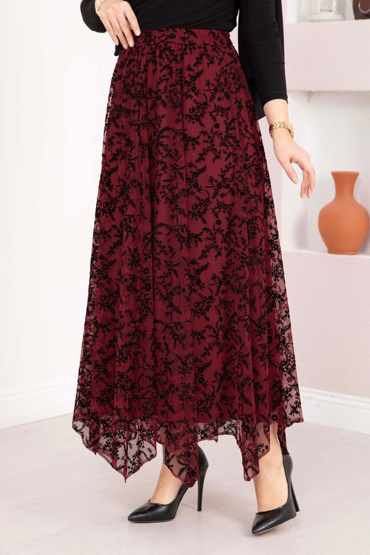 Velvet Printed Asymmetric Cut Tulle Skirt Burgundy
