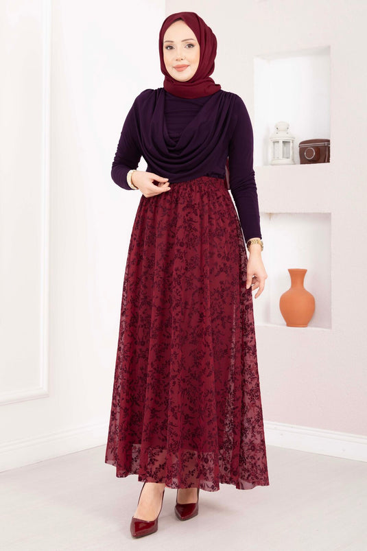 Burgundy Tulle Skirt with Lining and Flock Print
