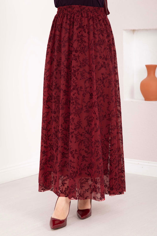 Burgundy Tulle Skirt with Lining and Flock Print