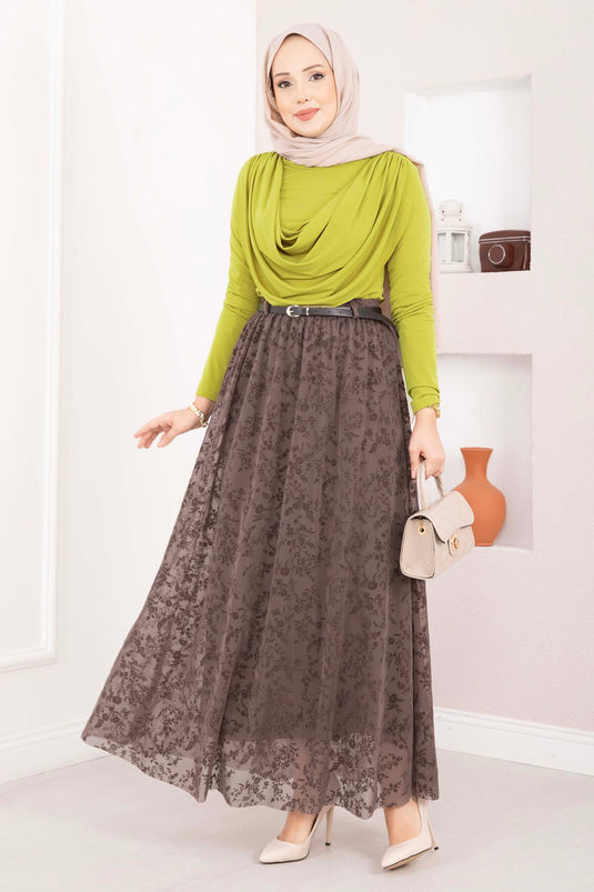 Flocked Printed Lined Tulle Skirt Brown