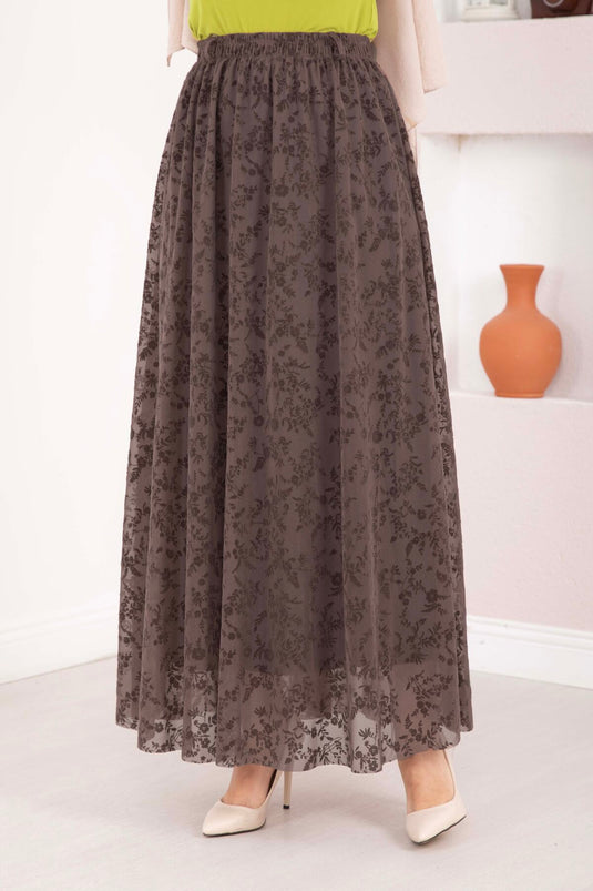 Flocked Printed Lined Tulle Skirt Brown